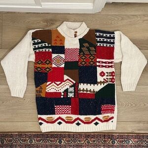 VTG Patchwork Chunky Knit Wool Blend Collared Multicolor Funky Women’s Sweater M